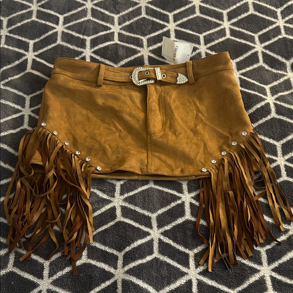 Forever 21 Brown Suede Fringe Mini Skirt with Rhinestone Buckle